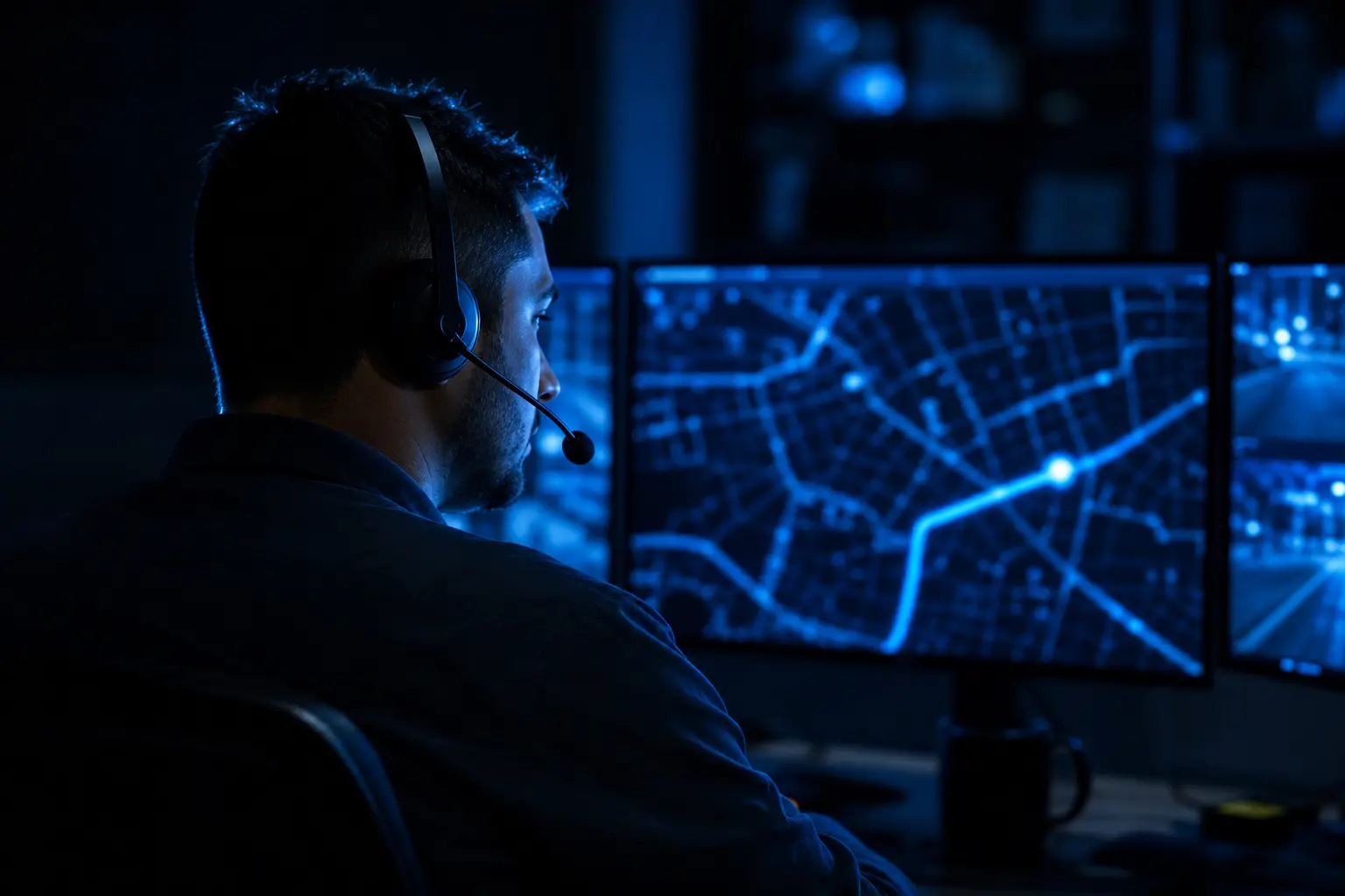 Un operatore della Centrale operativa GoSat con la cuffia, davanti alle mappe, durante il collaudo telefonico